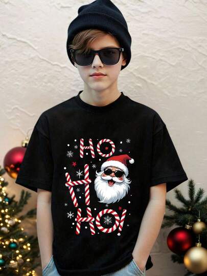 Tee-shirt décontracté amusant pour garçons préadolescents avec imprimé graphique "HOHOHO" du Père Noël, t-shirt à manches courtes et col rond confortable, convient pour la tenue de Noël, vêtements de Noël pour garçons