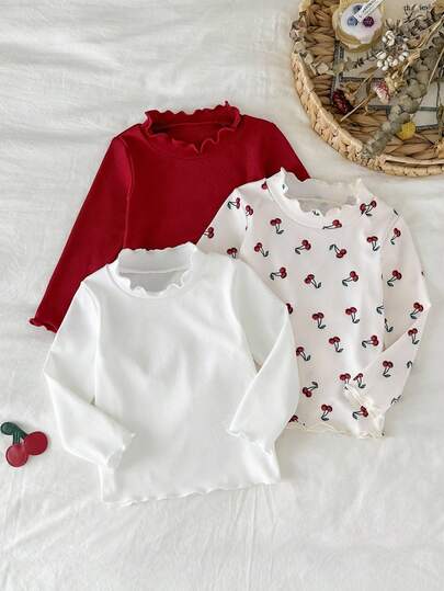 SHEIN 3 件套女婴可爱印花罗纹面料荷叶边下摆长袖套装，秋冬