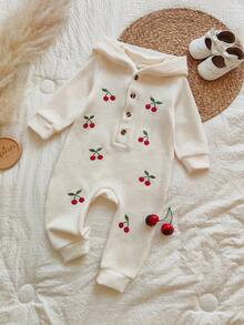 Vintaside Kids 一件装休闲舒适长袖连帽樱桃刺绣女婴连体衣秋冬款 - 杏色 - 查看 4