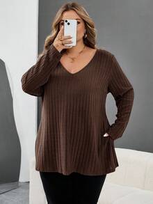 SHEIN CURVE+ Áo thun cổ chữ V viền gân màu xanh cỡ lớn, quần áo thu đông cho nữ, mùa đông, CONG CỠ LỚN/Mùa thu/Mùa đông - màu nâu - Xem 8