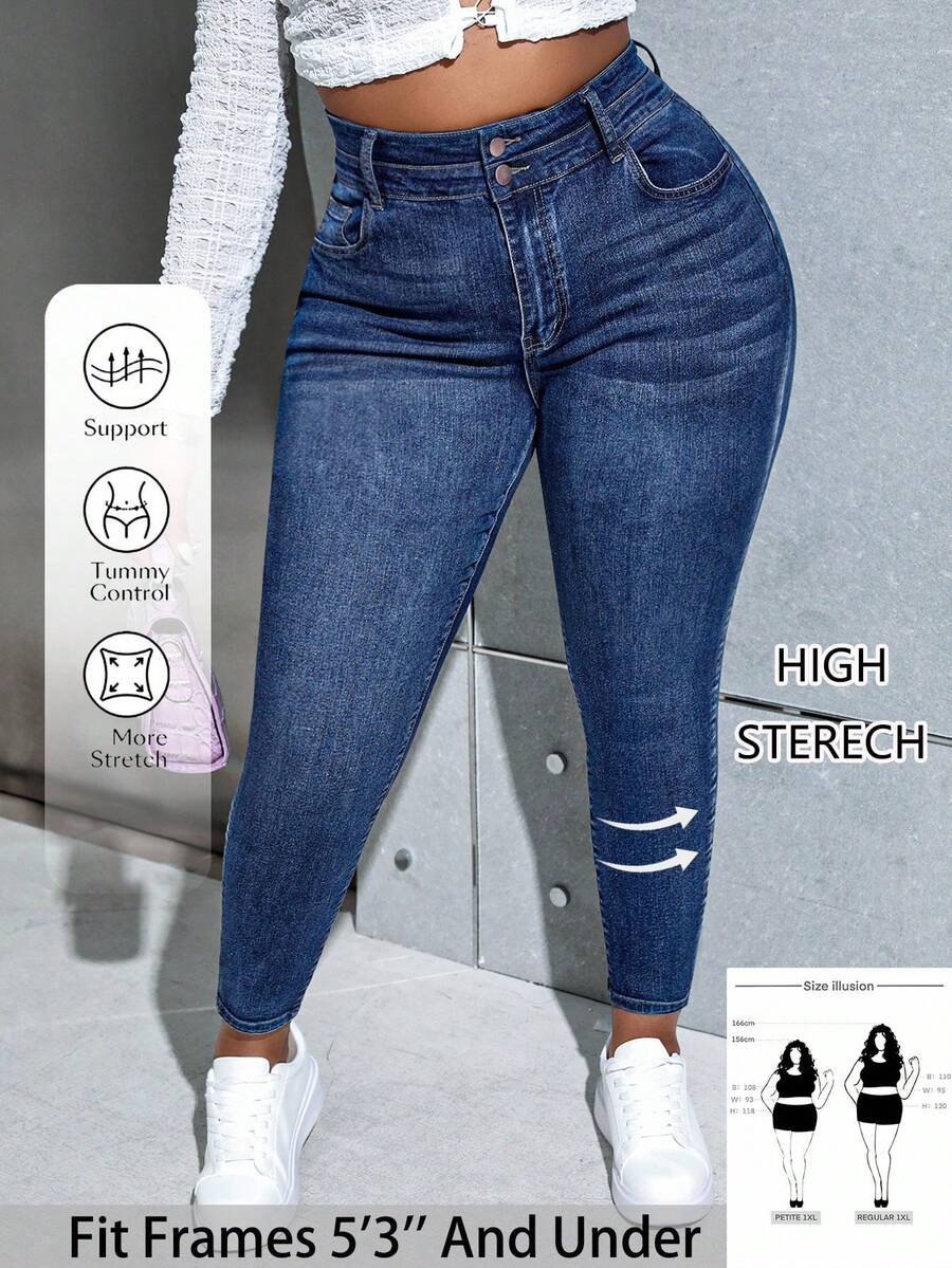 SHEIN PETITE CURVE Quần jean bó cạp cao, túi chéo, đa năng, thường ngày cho nữ cỡ lớn - Rửa trung bình - Xem 1