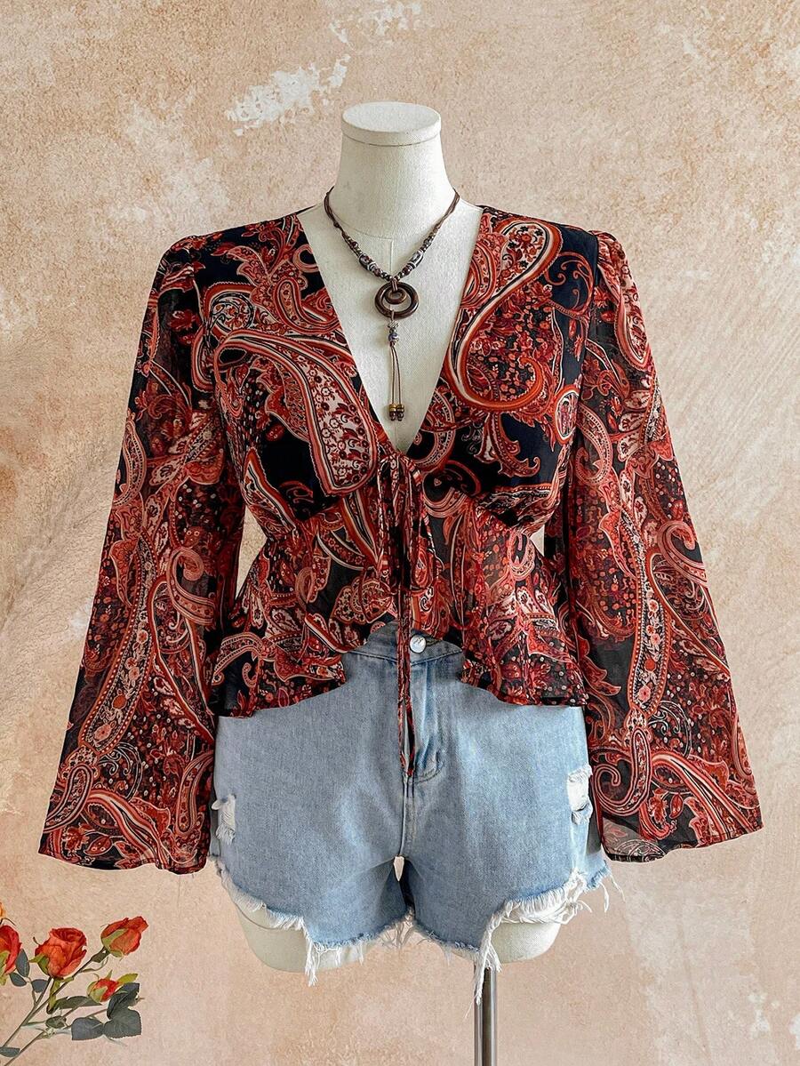 Soleia Plus Size Women's Back To School Vacation Clothes, V-Neck Textured Long Sleeve Ruffle Hem Blouse