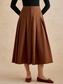 Écloséra 法式复古秋季棕色半身裙 新款秋冬高腰百褶半长小香水风女裙 女士秋季服装 秋季外出搭配女裙 - 棕色 - 查看 3