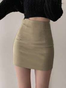 DAZY Váy dài đến đầu gối thanh lịch bó sát màu trơn cho nữ mùa hè, chân váy bút chì - Màu be - Xem 3