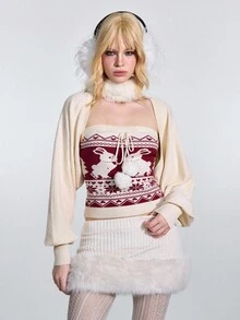 ROMWE Avant Set de 2 piezas de suéter con sensación esponjosa de jacquard estilo Fairisle para mujeres - Top tubo + Cárdigan corto - Multicolor - Ver 4
