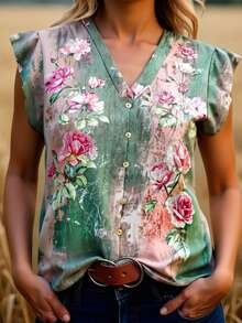 EMERY ROSE 大码女式日常休闲度假V领小飞袖假日风夏季优雅欧式复古碎花宽松衬衫，适合夏季、秋季和冬季穿着，时尚百搭。 - 綠色 - 查看 1