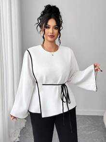 Elenzga 大码拼色长袖不对称休闲优雅衬衫 - 白色 - 查看 4