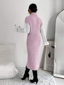 SHEIN Cottnline 女式休闲拼色高领针织连衣裙，秋冬 - 淺粉色 - 查看 2