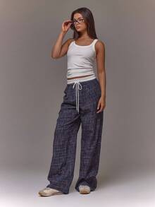 MUSERA Checkered Contrast Drawstring Waist Wide Leg Loose Fit Trousers Summer Streetwear Y2k Cool Girl City Muse Vacation Work Office Fall Autumn  Elegant Casual - Navy Blue - View 6