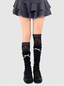 ROMWE Kawaii 女士过膝袜 - 黑色 - 查看 1