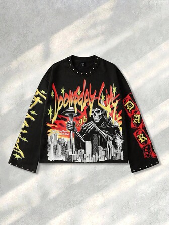 Street Life Men's Sparkling Skull Diamond Print Long Sleeve T-Shirt, Loose Cropped Fit, For Fall