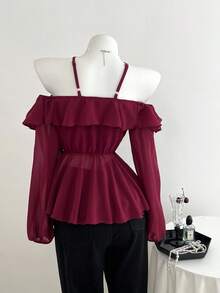 Elamini Women's Off-Shoulder Ruffle Mesh Patchwork Long Sleeve Women Blouse - Burgundy - View 2