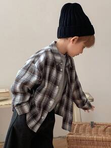 DAZY 男童休闲宽松格子衬衫，日系秋季款 - 棕色 - 查看 10
