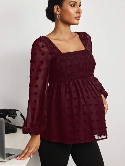 MaterniWear Maternity Work Clothes Maternity Work Outfits Maternity Work Shirts Maternity Work Wear   Casual Long Sleeve Square Neck Maternity Blouses Lantern Sleeve Blouse Square Neck Blouse Eyelet Blouse Eyelet Top For Women