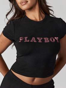 Missguided x Playboy 复古风格婴儿 T 恤玫瑰金金属徽标印花修身短袖上衣基本款棉质弹力修身节日俱乐部派对 - 黑色 - 查看 6
