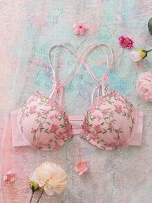 FloralLove 刺绣花卉钢圈加厚前开合提升乳沟舒适半罩杯可爱浪漫蝴蝶结可爱娃娃风格女士文胸 - 粉色 - 查看 6