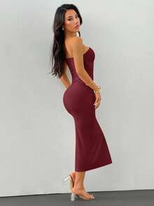 SHEIN PETITE Gold Color Brooch Decor Asymmetric Neck Ruched Fishtail Dress ,Dresses For Women Elegant - Burgundy - View 3
