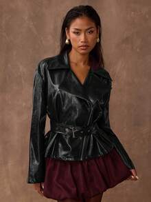 SHEIN BAE 时尚通勤黑色系带风衣 - 黑色 - 查看 5