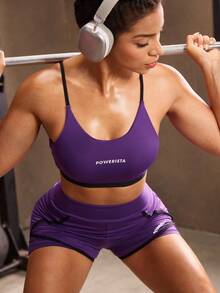 Powerista Costum sport pentru femei cu imprimeu de litere, camisol și pantaloni scurți - Violet - Vizualizare 5