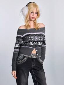 ROMWE Avant Suéter de punto vintage estilo Fairisle con hombros descubiertos para mujer - Blanco - Ver 6