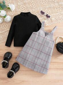 SHEIN Babygirl Elegant Matching Mother-Daughter Outfits, Plaid Sleeveless Dress & Long Sleeve Knit Top Set Fall Winter - Black - View 2