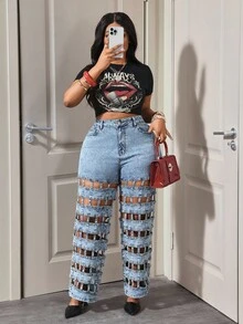 Slaydiva Plus Size Women High Waist Pockets Hollow Out Casual Wide Leg Jeans - Multicolor - View 7