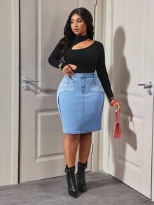 Slaydiva Plus Size Women High Waist Frayed Hem Design Pencil Denim Mini Skirt - Blue - View 6