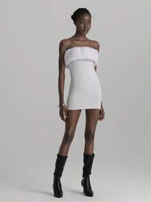 Glamine Women's White Chic Summer Strapless Mini Dress,Faux Fur Collar Tight Fitting Night Out Club Bandage Tube Dress,Warm Knitted Sweater Party Wear - White - View 3
