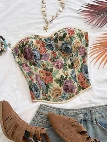 Soleia 女士 Y2K 花卉提花修身抹胸 - 彩色 - 查看 1