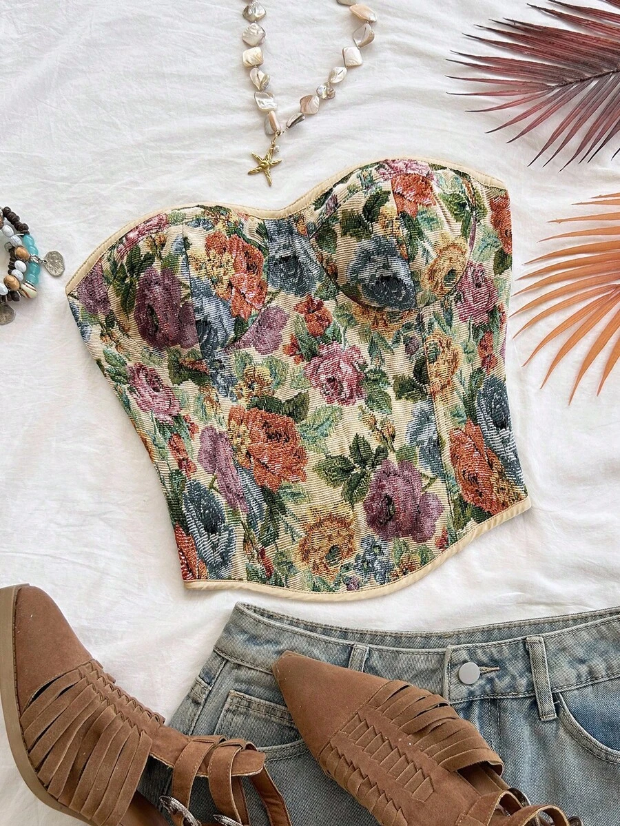 Soleia 女士 Y2K 花卉提花修身抹胸 - 彩色 - 查看 1