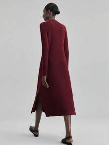 Ontre 2025 年新款针织混纺中长连衣裙，酒红色，柔软针织面料，修身直筒廓形，领口半拉链，商务休闲，办公室着装，秋冬装，适合万圣节、圣诞节、教师、女士办公室着装 - 酒紅色 - 查看 3