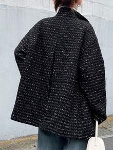 FRIFUL 女士黑色立领落肩长袖宽松格子休闲大衣，百搭秋季外套，亮片装饰 - 黑色 - 查看 5