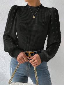 SHEIN LUNE 女士优雅纯色立领主教袖上衣 - 黑色 - 查看 4