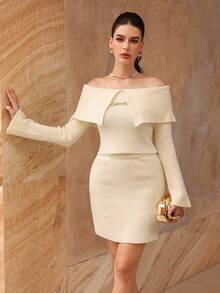 Modelyn Women's Winter Off Shoulder Flare Sleeve Elegant Fashion 2 Pieces Sweater Set - Apricot - View 6
