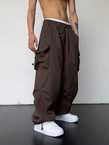 Manfinity Roghcode 男士宽松翻盖口袋侧抽绳腰裤降落伞裤宽松工装裤棕色工装裤街头潮流宽松工装裤男士秋季 - 咖啡棕 - 查看 6