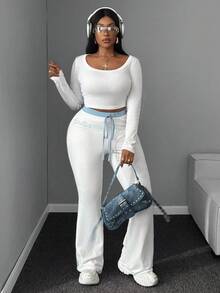 Maweii Plus Size Women Elastic Waist Printed Flare Leg Casual Sweatpants - White - View 7