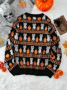 Elamini Halloween Dark Women Crew Neck Cat & Pumpkin Pattern Knitted Sweater Top - Multicolor - View 2