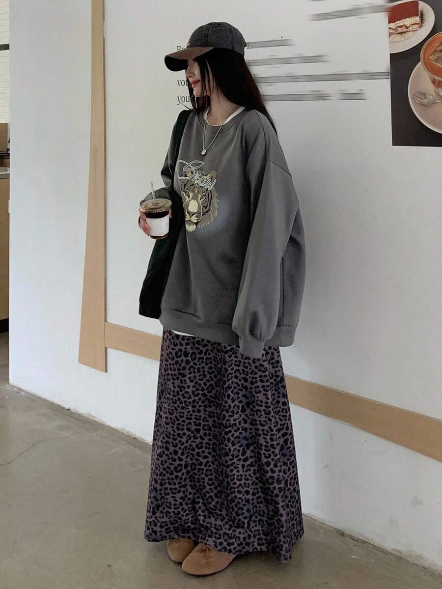DAZY 女士虎纹抓绒圆领卫衣和豹纹长裙休闲两件套，冬季家居服套装 - 深灰色 - 查看 1