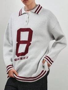 COUREZ Extreme Oversized Long Sleeve Rugby Knit Top With Collegiate Pattern /Y2K Going Out Spring Gym Sports Casual Cozy Spring Sweater Festivals - Light Grey - View 7