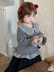 DAZY Suéter de manga larga de unicolor con cuello Peter Pan para niñas pequeñas, otoño/invierno - Gris - Ver 9