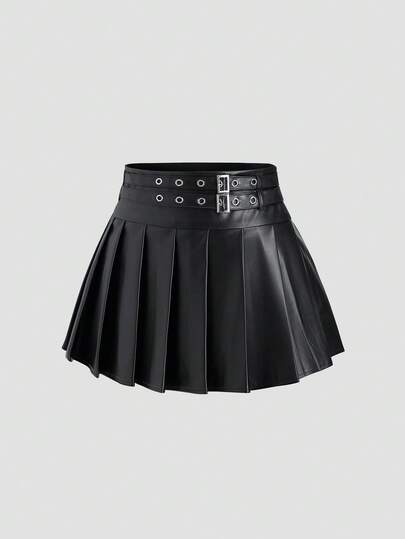 Sweetra 女式优雅复古性感 PU 皮革双腰带褶皱 A 字超级裙，秋季