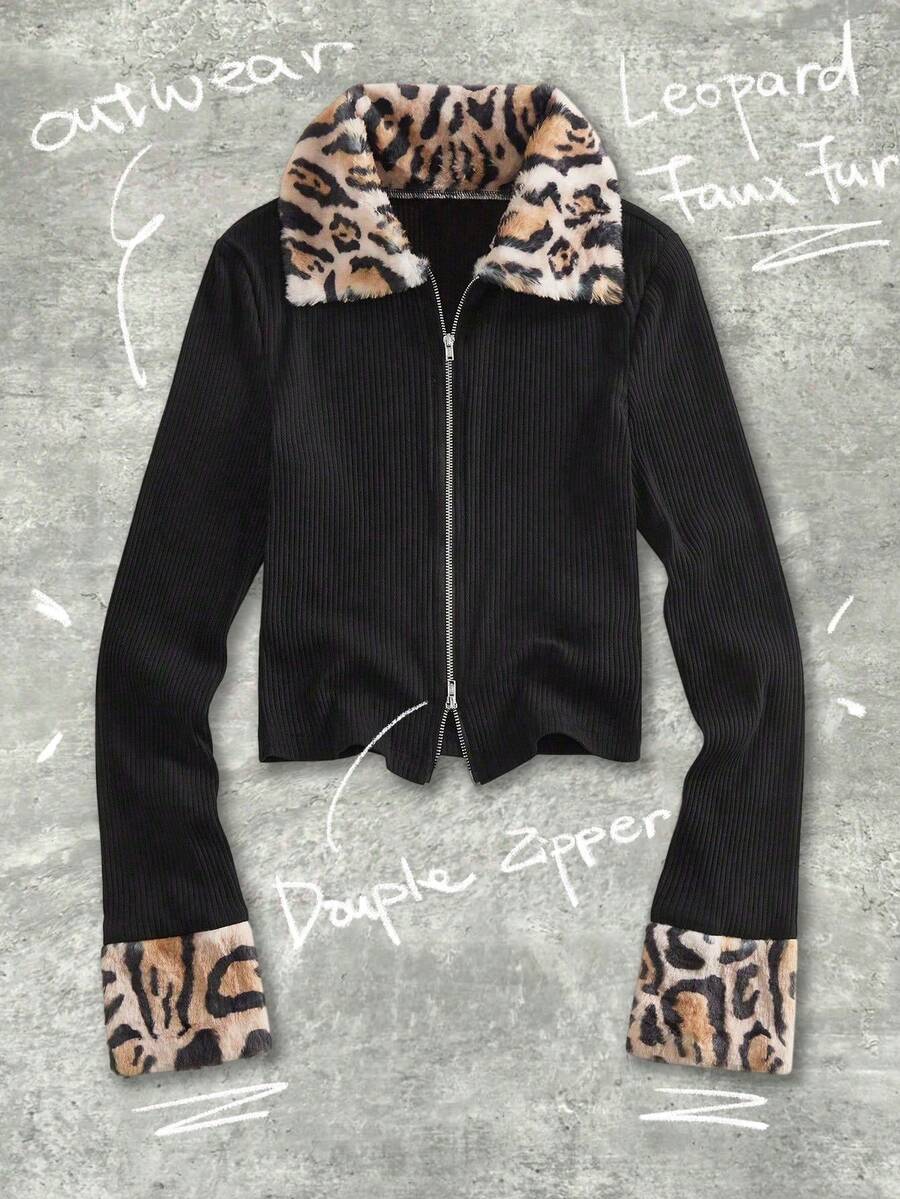 Shutterstock Glamance Chaqueta de punto con cremallera de piel de leopardo sintética para mujer, abrigo de manga larga ajustado para otoño e invierno, adecuado para Halloween, estilo callejero Y2K, regreso a la escuela, fiesta de noche, estampado animal, estampado de guepardo, abrigos de mujer, abrigos cortos, colección de moda - Negro - Ver 1