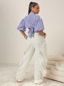 Vixey Self Tie Back Collared Button Up Long Sleeve Top - Blue and White - View 5