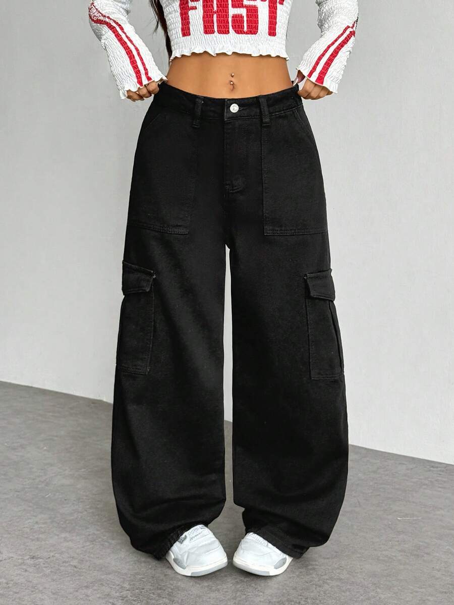 SHEIN EZwear Women's Solid Color Casual Warm Denim Jeans - Black - View 1