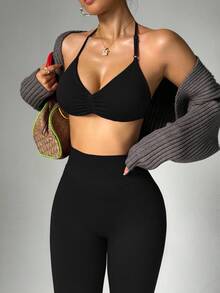 Dewbera Dewbera Setelan Olahraga Wanita Warna Polos, Atasan Halter Tanpa Punggung dan Legging - Hitam - View 6