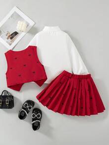 Sparklyn 3pcs/Set Girls Kids Spring/Autumn New Collared Long Sleeve White Shirt, Gray Bow Print Hem Design Vest, Pleated Skirt Cute Simple Elegant Back To School Academy Outfit, All Season Fall Winter  Princess  Halloween/Christmas Party Dresses For  Vacation  Autumn And Winter - Red - View 2