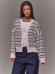 MUSERA Oversized Ribbed Knit Stripe Cardigan Occasion Going Out Night Out Winter Cute Date Night Cosy - Multicolor - View 5