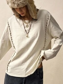 Bohemela T-shirt ample en tricot à col ras-du-cou, manches longues, couleur unie, style bohème décontracté pour l'automne, pour femmes