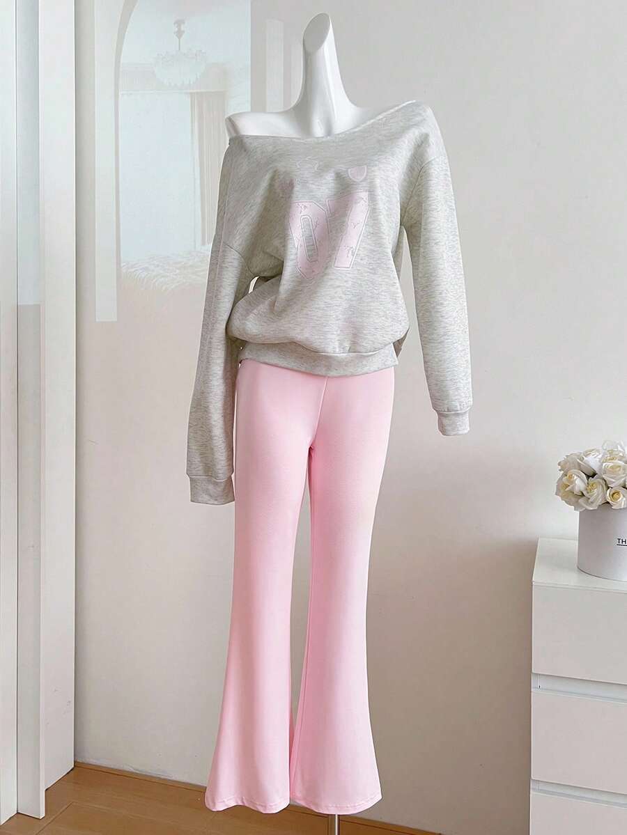 Sweetra Young Teen GirlCasual Street Fashion Oblique Shoulder Letter Print Sweatshirt & Tight Flare Pants Set, Pink