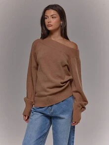 MUSERA Knit Ribbed Asymmetrical Shoulder Long Sleeve Cuffed Hem Jumper Airport Holiday Winter Everyday - Brown - View 5
